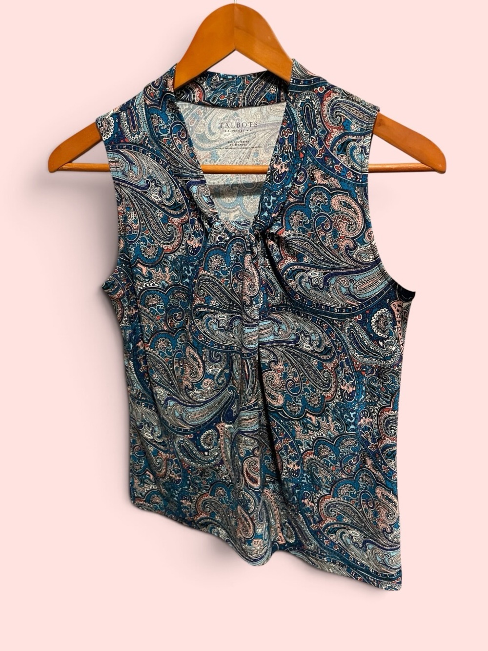 Cute aqua paisley Talbots twisty pleat collar sleeveless top stretchy boho